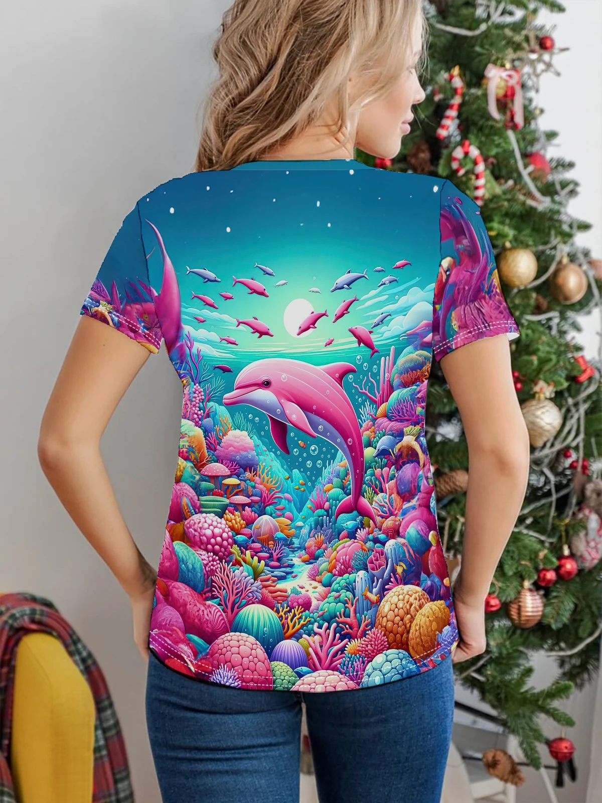 Pink Dolphin Print T-shirt, Casual Crew Neck Short Sleeve Top For Spring & Summer, Women's Clothing