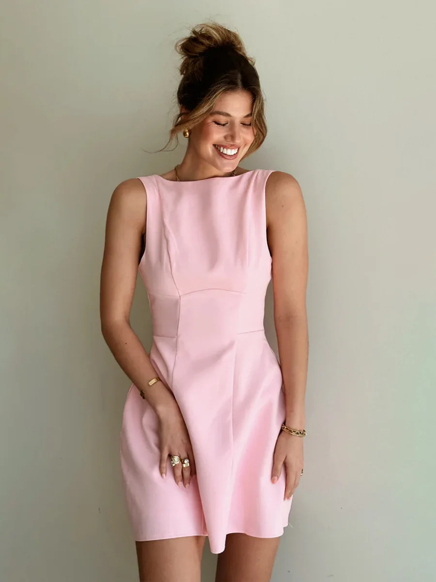 Bornladies 夏新作ノースリーブブレザードレスレディースシックで洗練されたオープンバックフィットキャミインナーショーツミニドレス