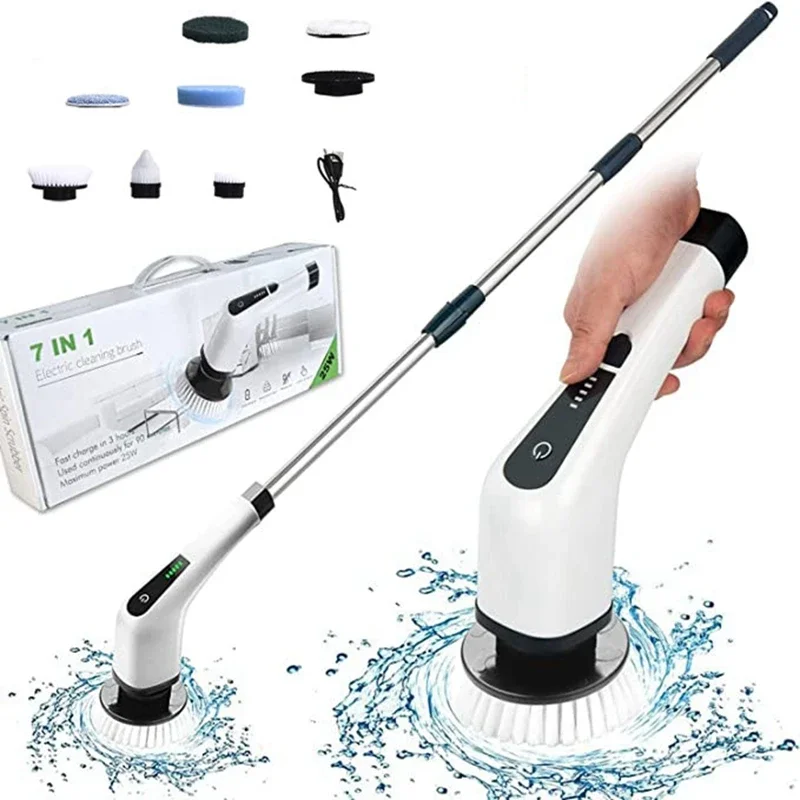 

Electric Spin Scrubber Cleaning Turbo Scrub Brush with 7 Replacement Brush Heads Adjustable Handle Kitchen Bathroom Clean Tools