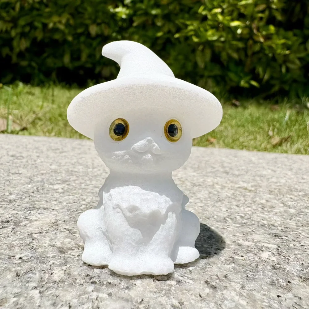 6.2cm Natural White Marble Jade Wizard Cat Carving Healing Mineral Polished Home Decor Ornament Gift-Quality Stone Figurine