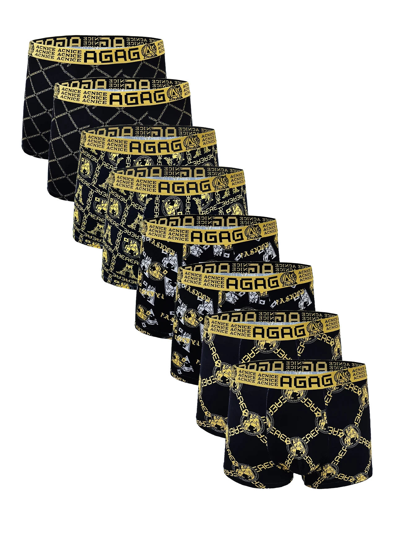 

Men's 8-Pack Polyester Boxer Briefs - "AGAG" & "ACNICE" Logo Waistband, Artistic Print Underwear Set