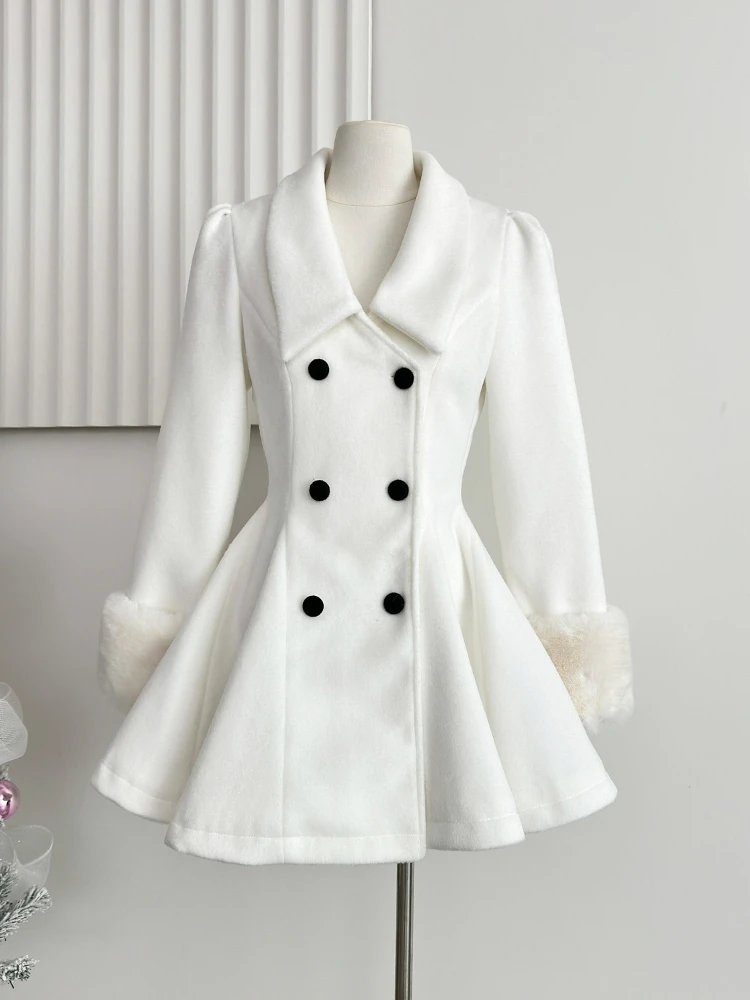 Elegant Warm Winter Fur Collar Woolen Coat Women French Style Hepburn Slim Mid-length Outwear 2025 Vintage Lolita Chic Outfits