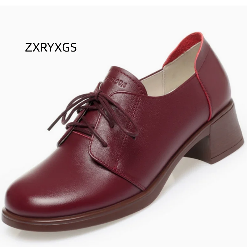 

ZXRYXGS Plus Size Top Cowhide Lace-up Women Shoes Thick Mid Heels 2025 Elegant Fashion Round Toe Comfort Genuine Leather Shoes