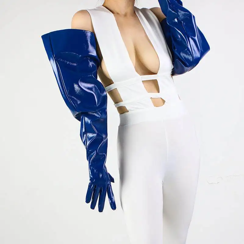 28" 70cm LANGE MODEHANDSCHUHE Unisex Kunstleder Abendhandschuhe Orange Glänzend Schwarz Große Damen-Armstulpen Manschetten Sexy Accessoire – Detail 34