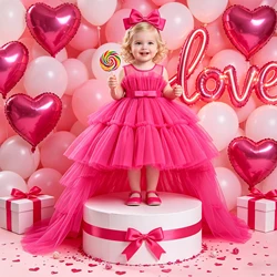 Baby Girls Trailing Party Dress Elegant Tulle Wedding Gown 2-8 Yrs Bow Birthday Bridesmaids Princess Dresses Evening Kid Clothes