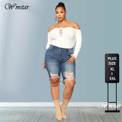 Wmstar – short en jean grande taille pour femme, moulant, Super extensible, longueur aux genoux, taille haute, mode, Streetwear, Denim, vente en gros, livraison directe