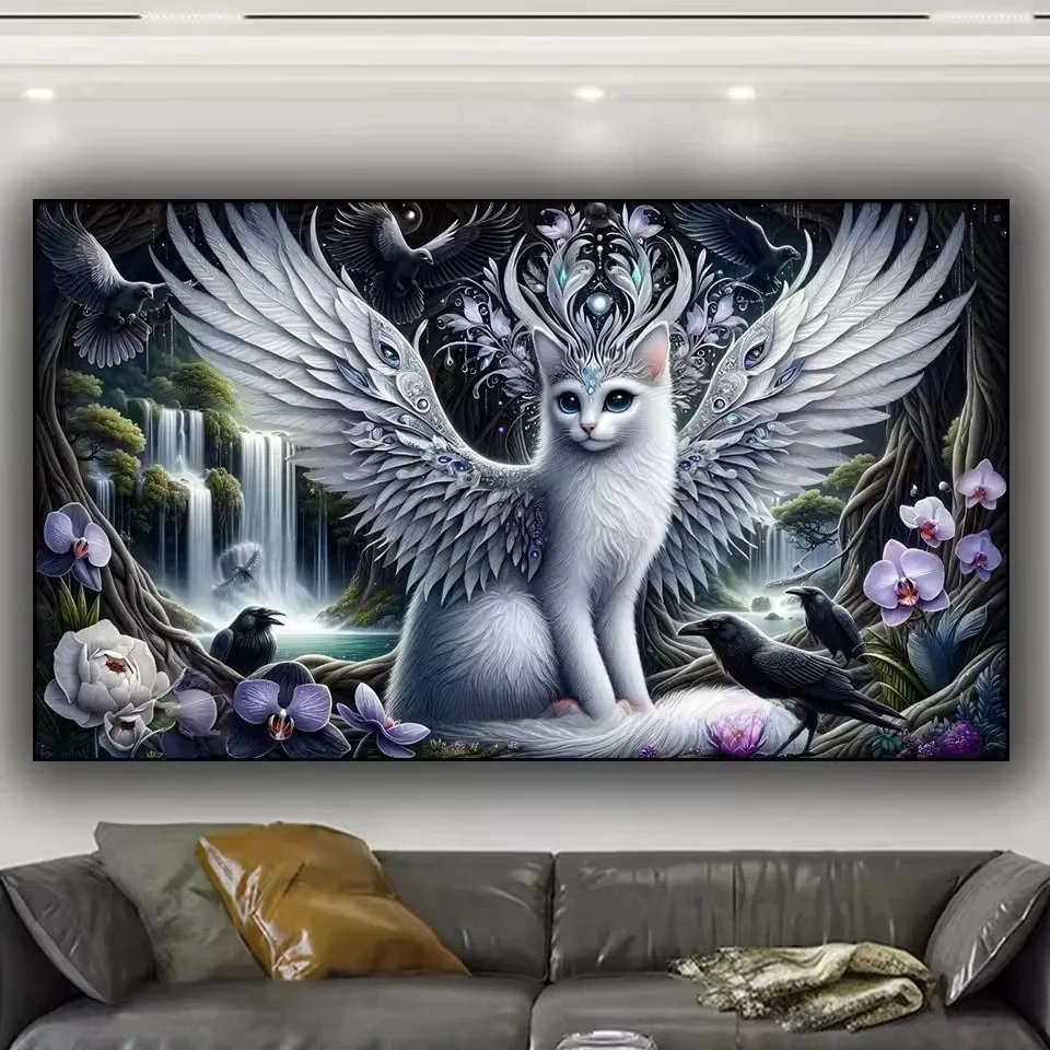 Stunning Vibrant jungle White Wings Cat Crow Diamond Painting Kit Mosaic DIY Psychedelic Animal Fantasy Waterfall Flower Craft