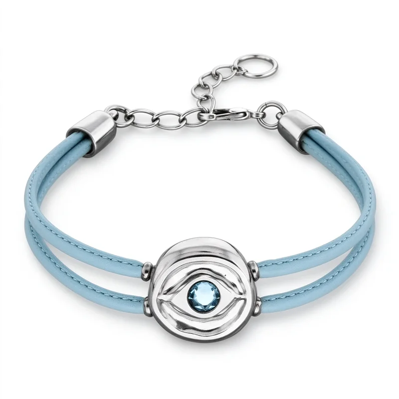 Evil Eye Leather Cord Bracelet for Women Men, Silver Tone Alloy Circular Evil Eye Charm with Sparkling Crystal Pupil, Double Leather Cord Adjustable Bracelet 17-20cm, Hypoallergenic Alloy Boho Protection Amulet Jewelry for Daily Wear Party Vacation Gift