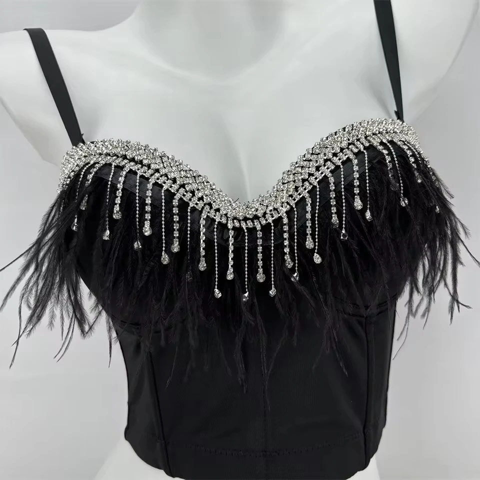 Super Fairy Drill Chain Fishbone Breastplate Ostrich Hair Big Backless Sling Celebrity Evening Dress Slim Innerwear