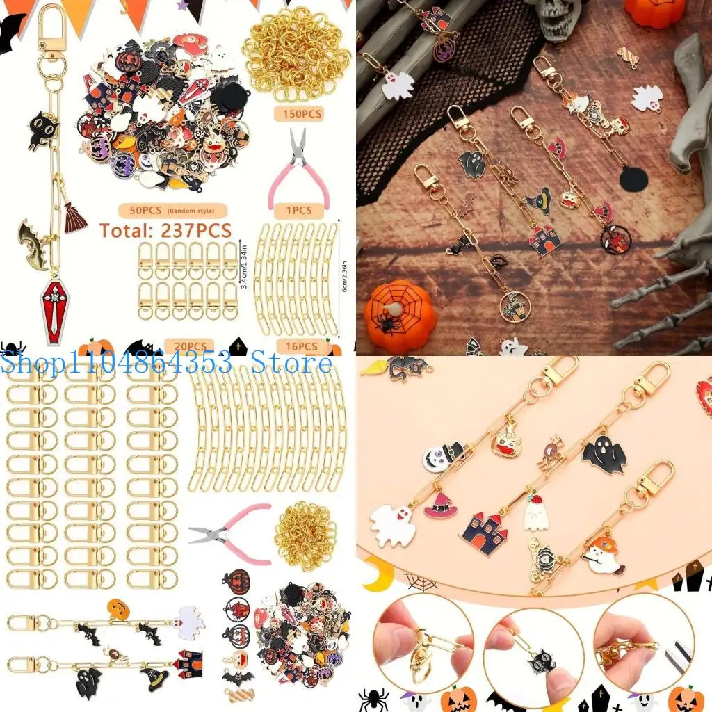 652f DIY Halloween Keyring Making Supplies 237pcs Metal Herbst Handwerksanhänger Set einschließlich gruseliger Charme – Detail 1