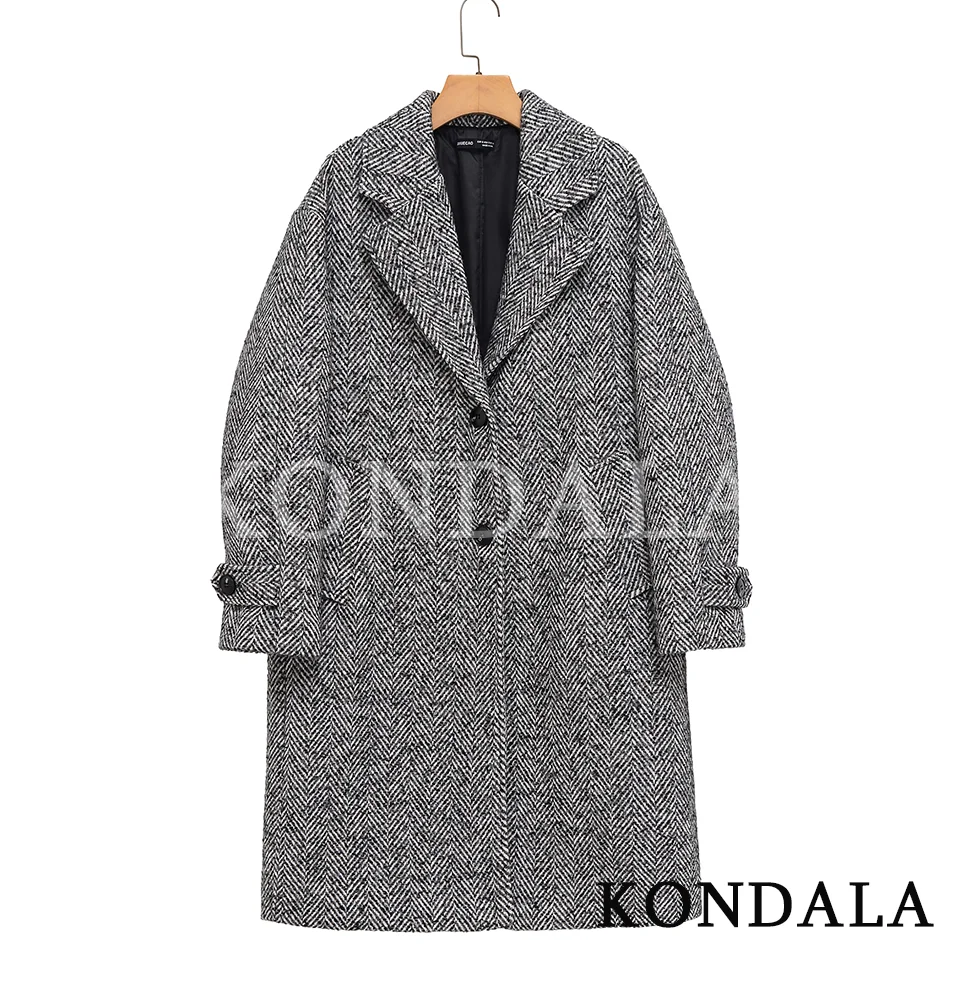 KONDALA Women Commute Herringbone Pattern Coat Fall Winter Lapel Buttons Midi Coat 2025 Fashion Female Casual Gray Long Coat