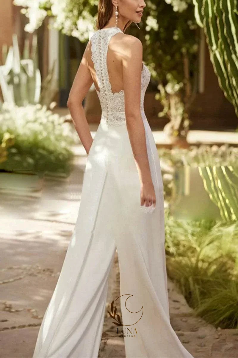 Luna Spring Jumpsuit Wedding Dresses Lace Pants Suit Bridal Gowns with Trousers Bride Dress Sleeveless Wedding Gowns Customized