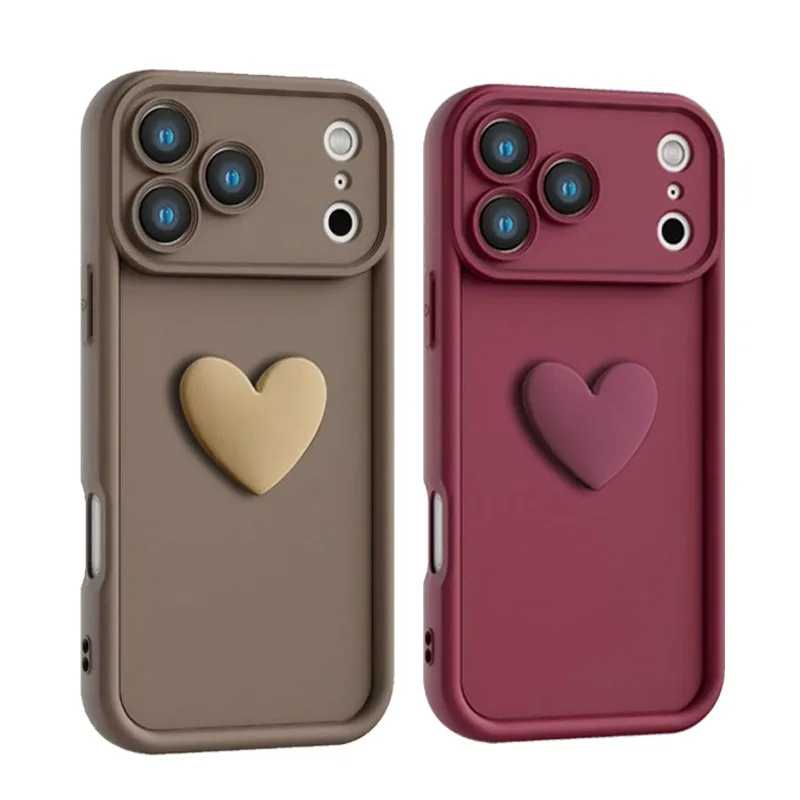 Luxury Cute 3D Love Heart Soft Phone Case For iPhone 17 Pro Max Air 16e 15 14 Plus 13 12 11 Shockproof Matte Candy Back Cover