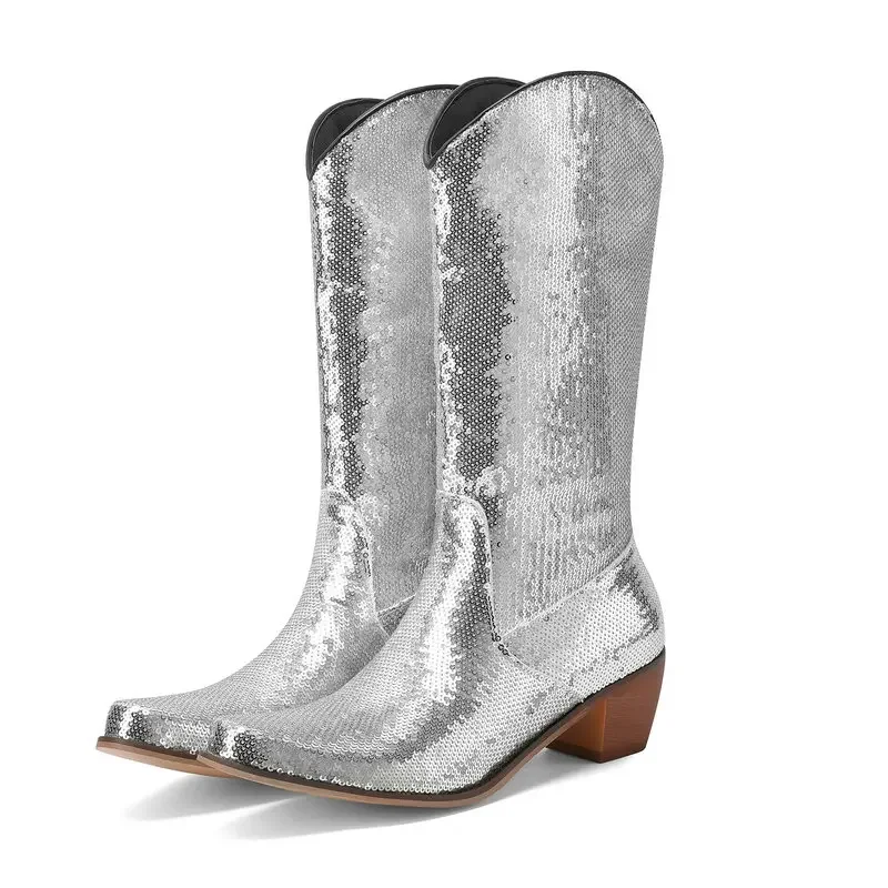 Women Mid-calf Boots Curved Toe Bling Bling Sequins Shiny Purple Green Pink Western Boots Chunky Heels Cowboy Winter Botines