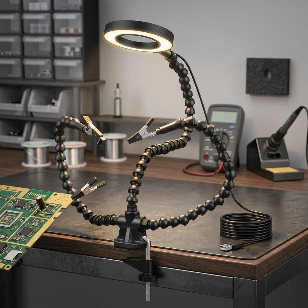 Soldering Auxiliary Clamp with 5-Bendable Arms Flame-Retardant Silicone Jaws and Brightness-Adjustable USB Light