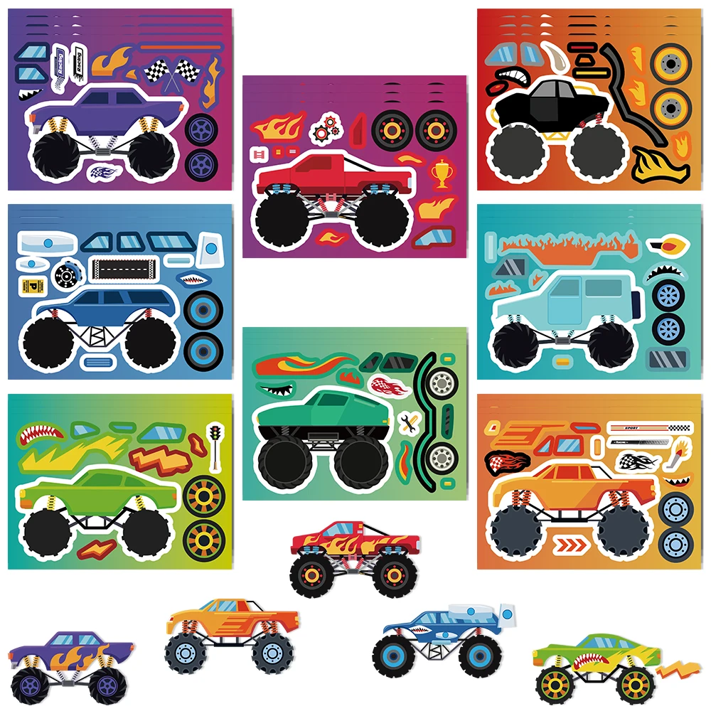 

8/16/32Sheets Cool Off-Road Vehicle DIY Puzzle Stickers Dress Up Game Face Funny Assemble Stickers Students Creative Toys Gifts