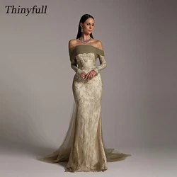 Thinyfull Mermaid Off Shoulder Prom Dresses Strapless Long Sleeves Evening Party Gown Dubai Formal Occasion Dress Customized