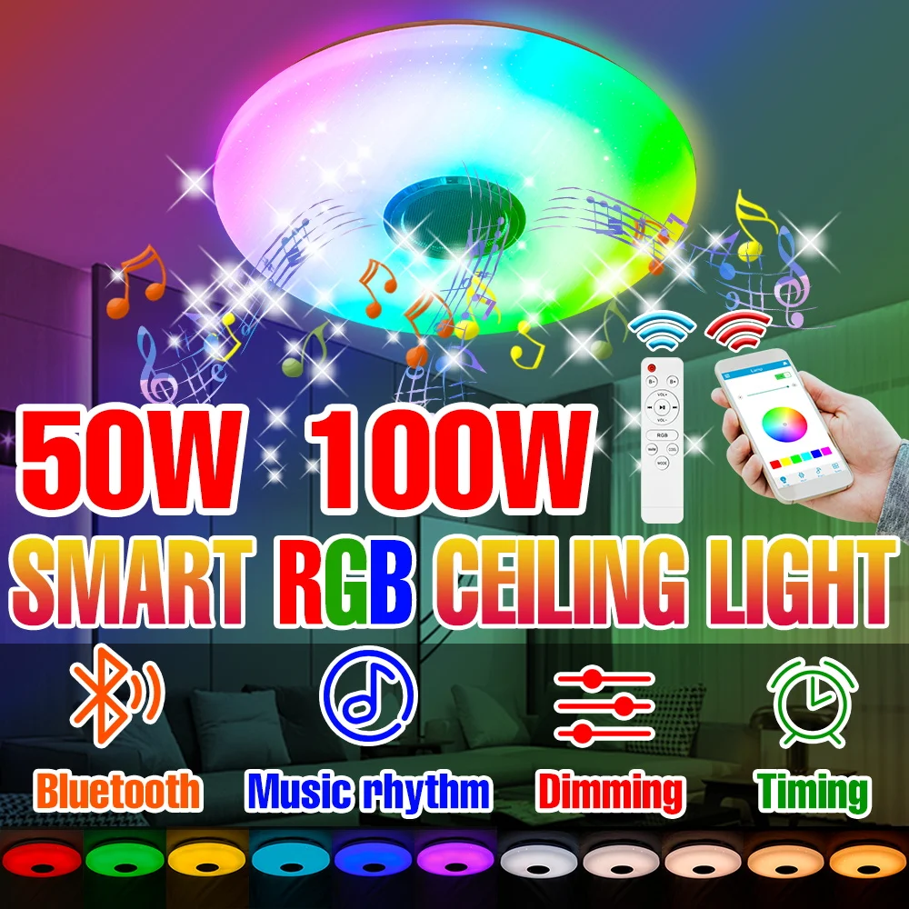 100-ワット-rgb-スマートランプ-led-ラウンドシーリングライトシャンデリア-bluetooth-接続アプリリモコン調光家の装飾照明-110v