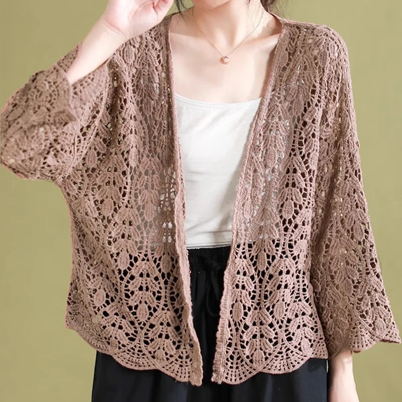 Cardigan da donna all'uncinetto Top scavato aperto sul davanti Manica a 3/4 Camicie di protezione solare Casual Copricostume da spiaggia Estate Streetwear