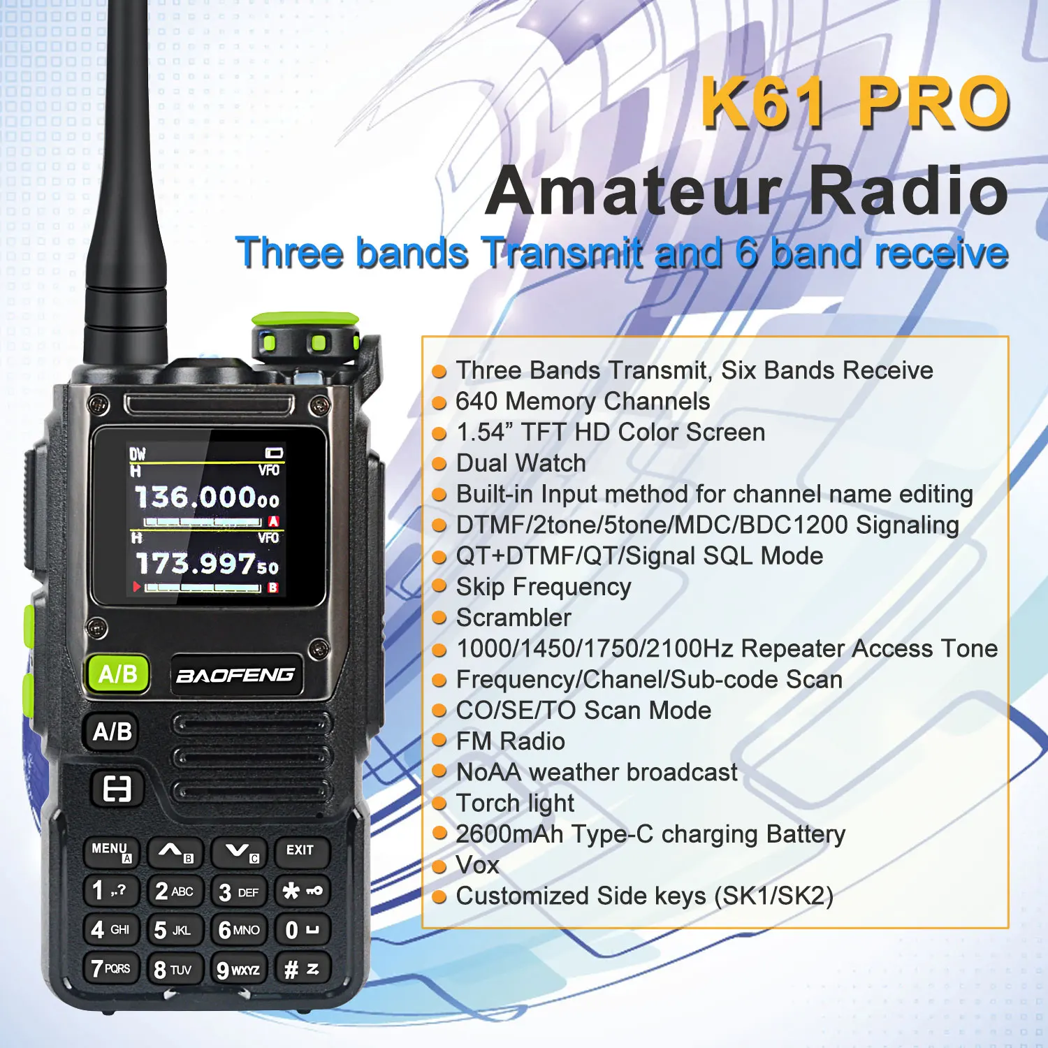 Air Band Walkie Talkie Baofeng K61Pro Multi-band FM Dual Watch Scramble Skip Freq Amateur HT W/Headset 2600mAh Type-C Battery