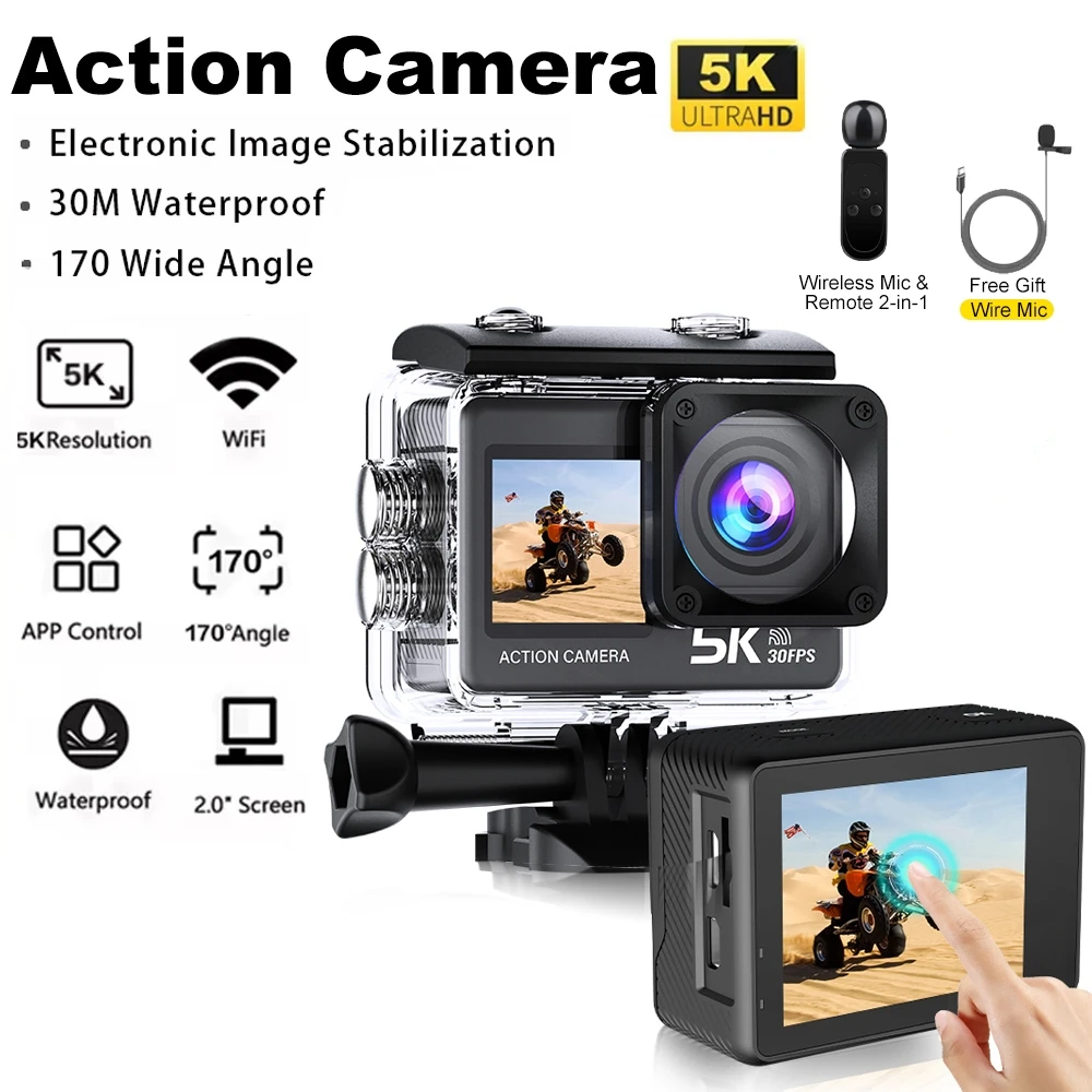 

5K 4K60FPS Action Camera Dual IPS Touch LCD EIS 170° DVR 30M Waterproof 5X Zoom Sport Camera With Wireless Mic&Remote Control