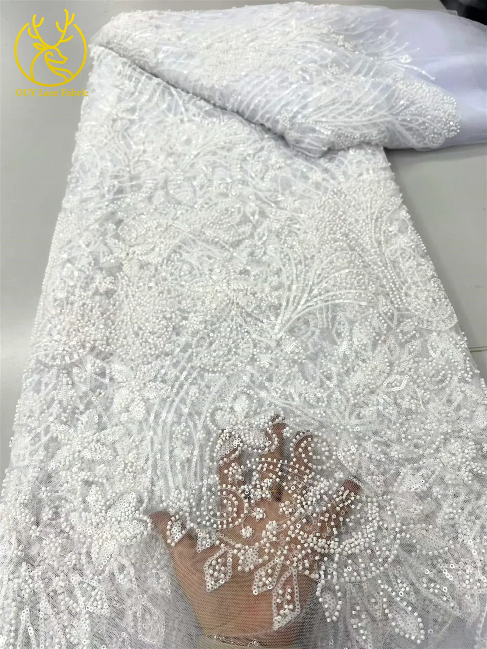 Grüner eleganter afrikanischer Perlen-Pailletten-Spitzenstoff, 5 Yards, hochwertige nigerianische Mesh-Tüllspitze für Damen, Abschlussball, Partykleid, Nähen – Detail 16
