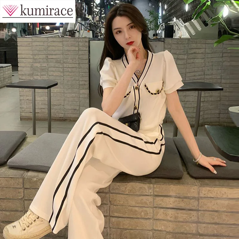 Set Women\'s 2023 Summer Thin French Short Sleeve Top High Waist Slim Wide Leg Pants Two Piece Set Juicy Couture Tracksuit Women