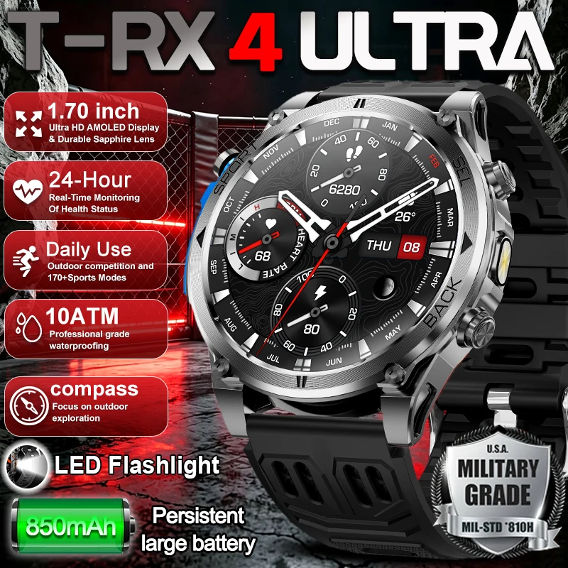 Newly Durable 850 mAh Large Battery Smart Watch Men 1.7" HD Screen Waterproof LED Flashlight Sports BT Call GPS Smart Bracelet