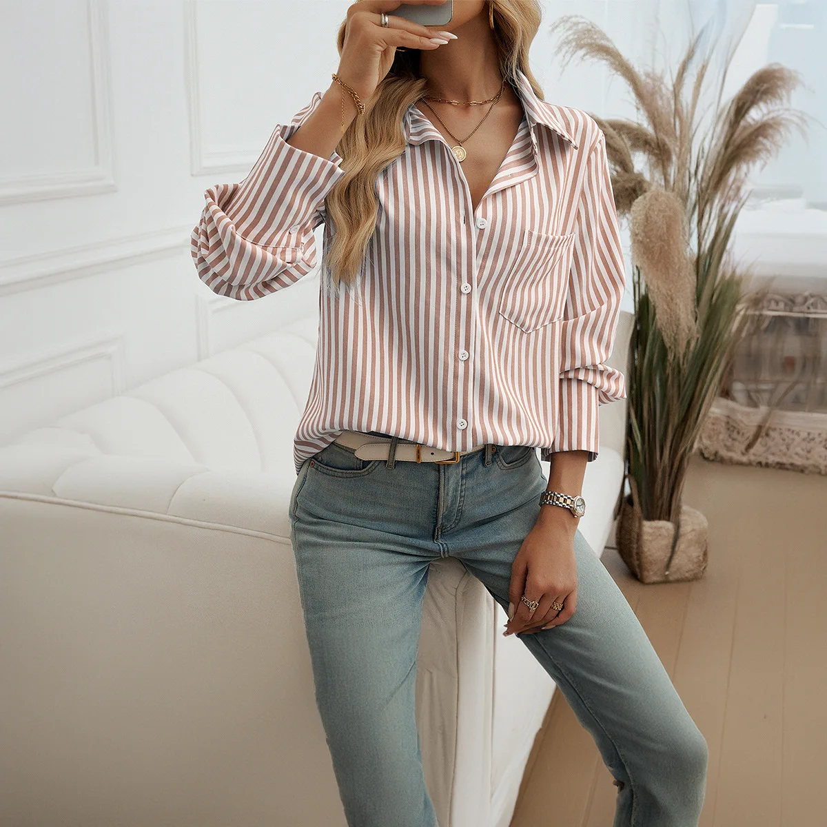 Phantasy Women Shirt Office Lady Buttoned Shirt Blue Striped Top Vintage Casual Business Shirt Long Sleeved Blouse Autumn 2024