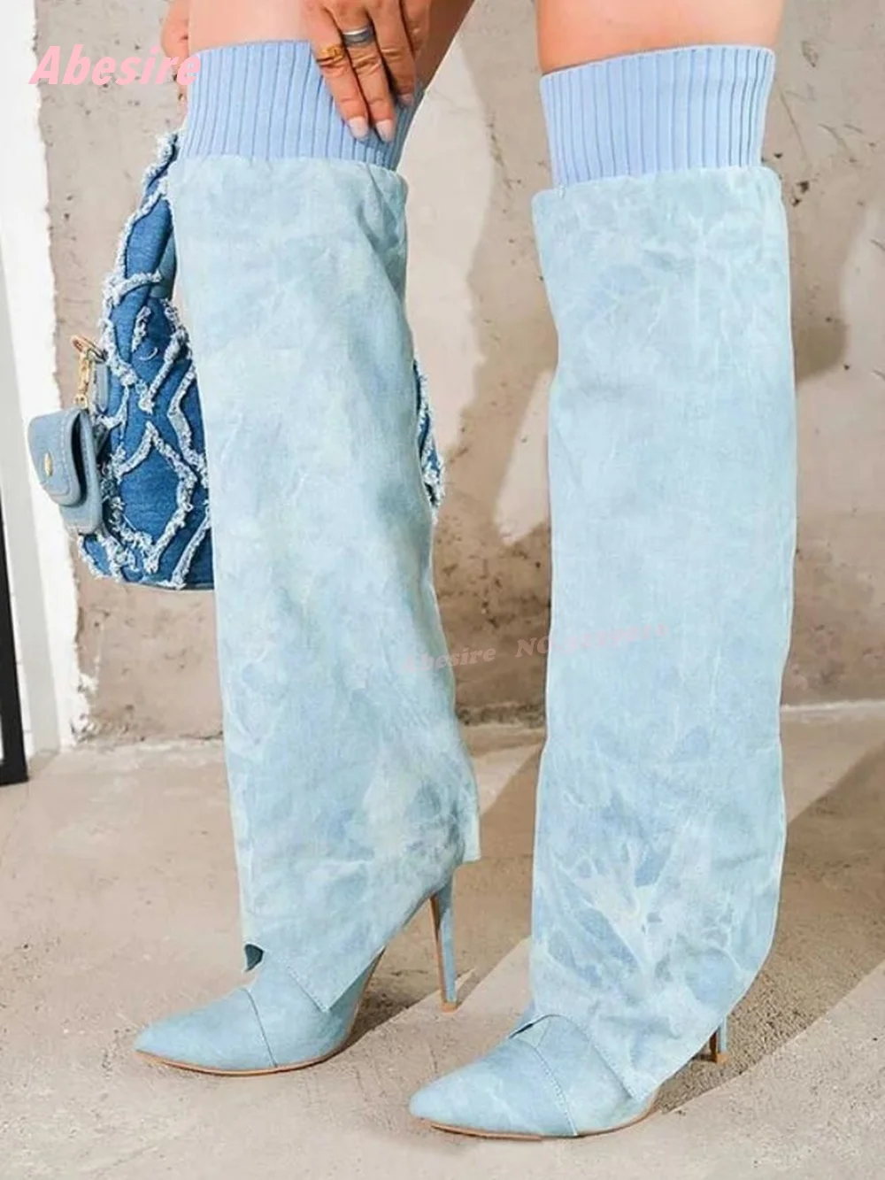 

Light Blue Denim Stiletto Heel Knee Fold-Over Boots with Elastic Band Pointy Toe Patchwork Winter Boots for Women 2025 New Warm