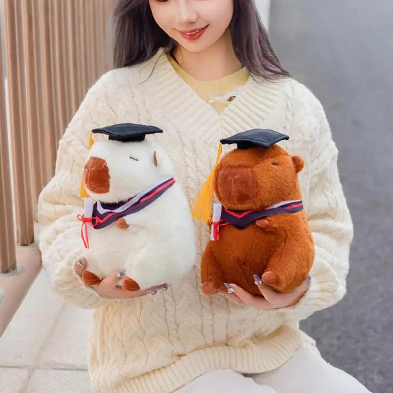 Stuffed Capybara Toy Black Graduation Cap Capybara Doll Soft Animal Sleeping Hugging Pillow For Tablet Sofa Bedroom Living Room