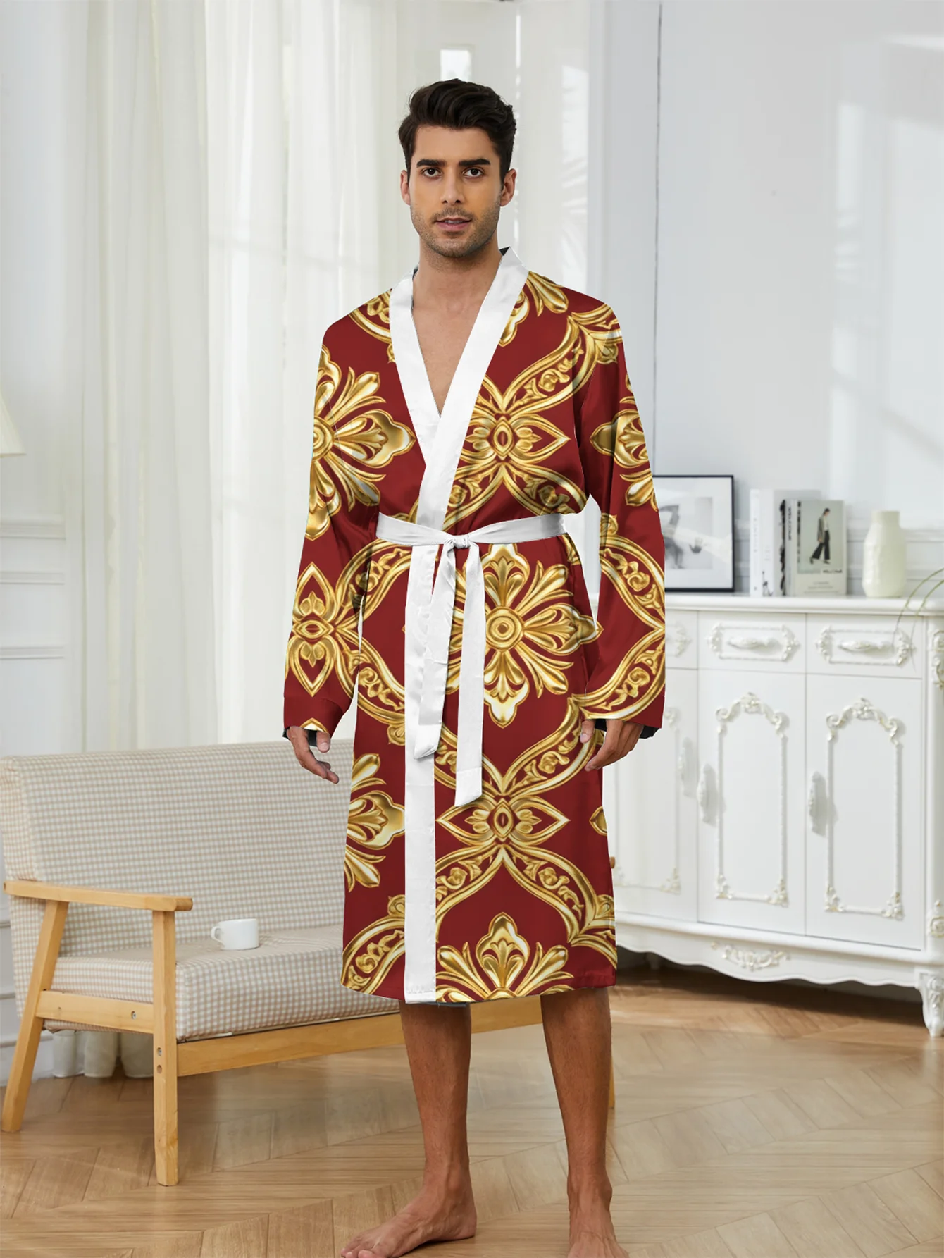 Men's dressing gown 3Ddigital printed spring autumn thin style quick drying long sleeved summer air-conditioned nightie for men
