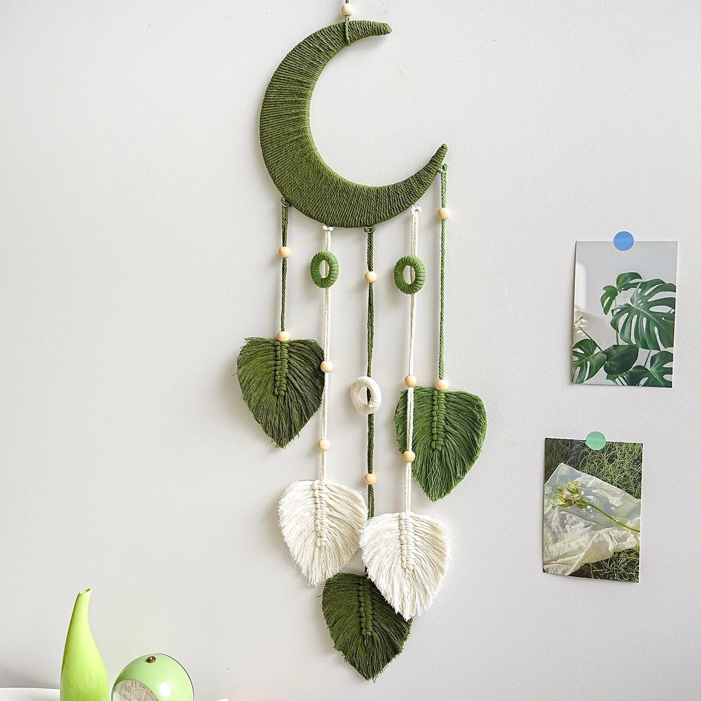 Green Moon Macrame Wall Hanging Hand Woven Leaf Tassel Tapestry Boho Home Decor for Bedroom Living Room