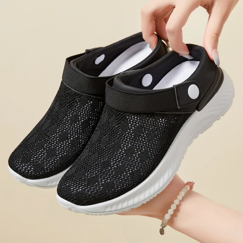 

Women's KnittedUppe Breathable Mules Closed Toe Half Slippers Lightweight Casual Flat Solid Color Versatile Mesh Slip On Sandals