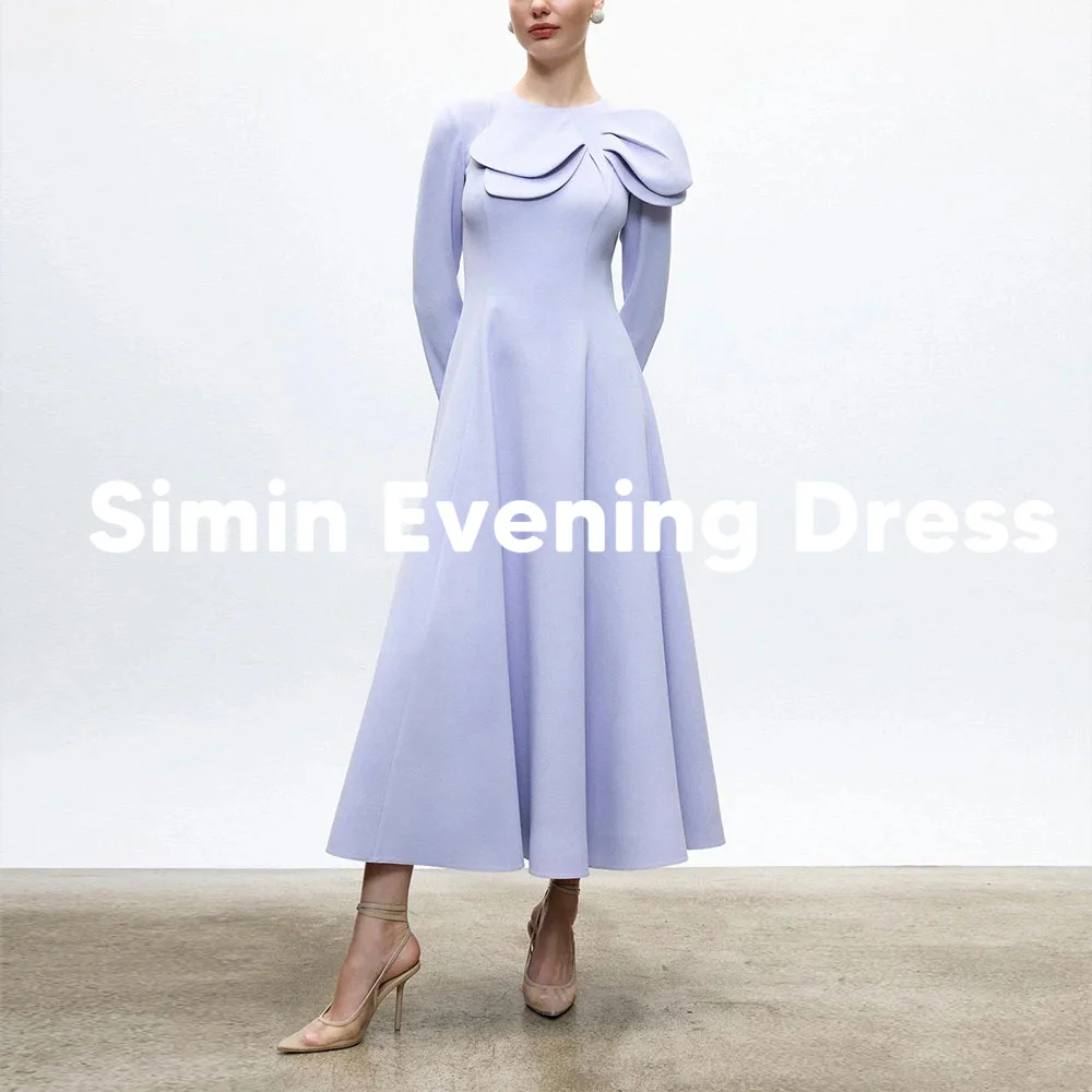 

Simin Customized Women's O-neck Bow A Line Draped Saudi Evening Dresses With Long Sleeves Tea-Length Formal Elegant Dresses 2025
