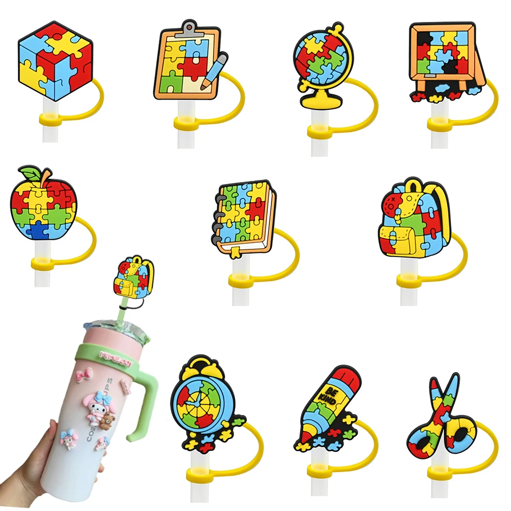 

1-10pcs Funny Puzzle Autism Style Straw Covers For Stanley Water Glass Bottle Dust Cap Straw Tip Cover Cup Accessories For 10mm