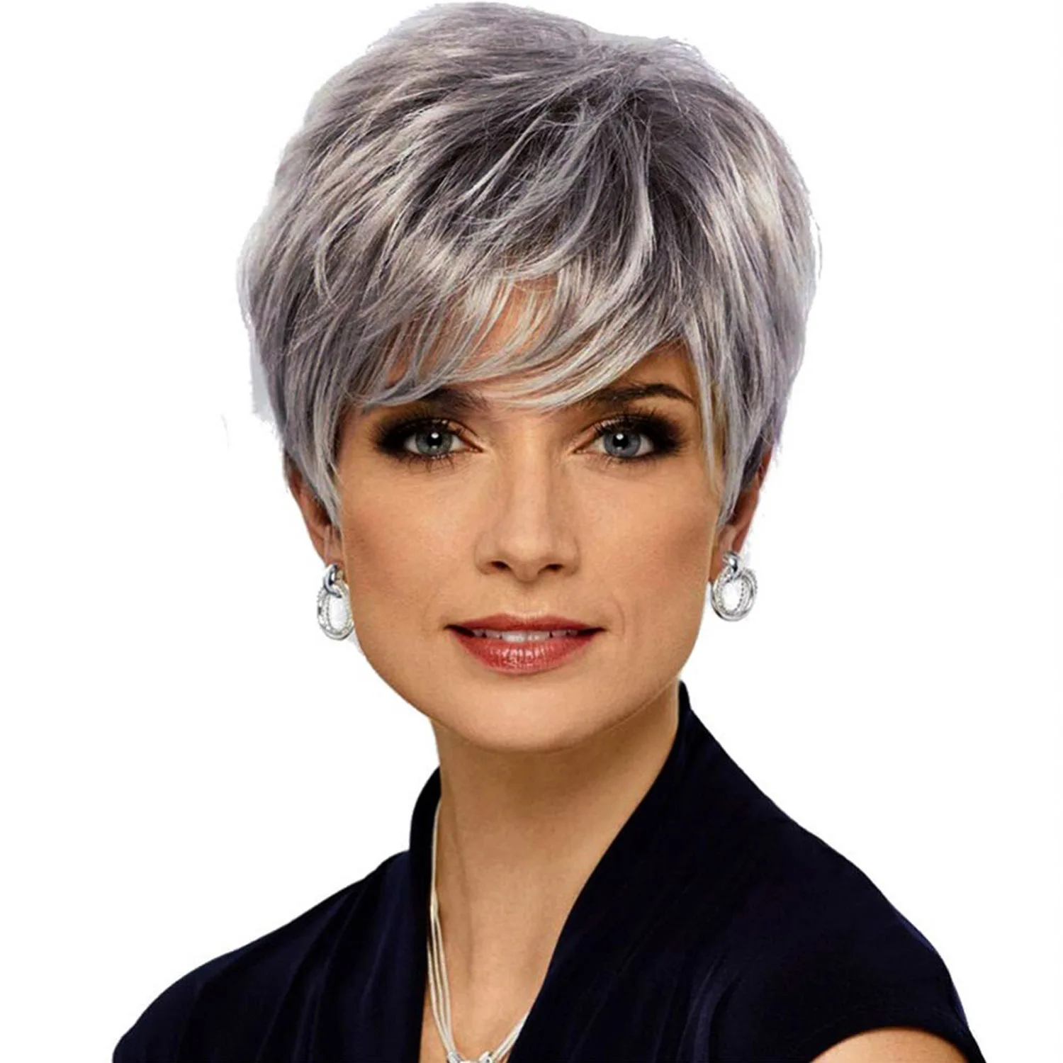 Grandma's Fashion Short Synthetic Silver Grey Wig with Bangs Soft Heat Resistant Mommy Daily Party Wig Women Fake Hair