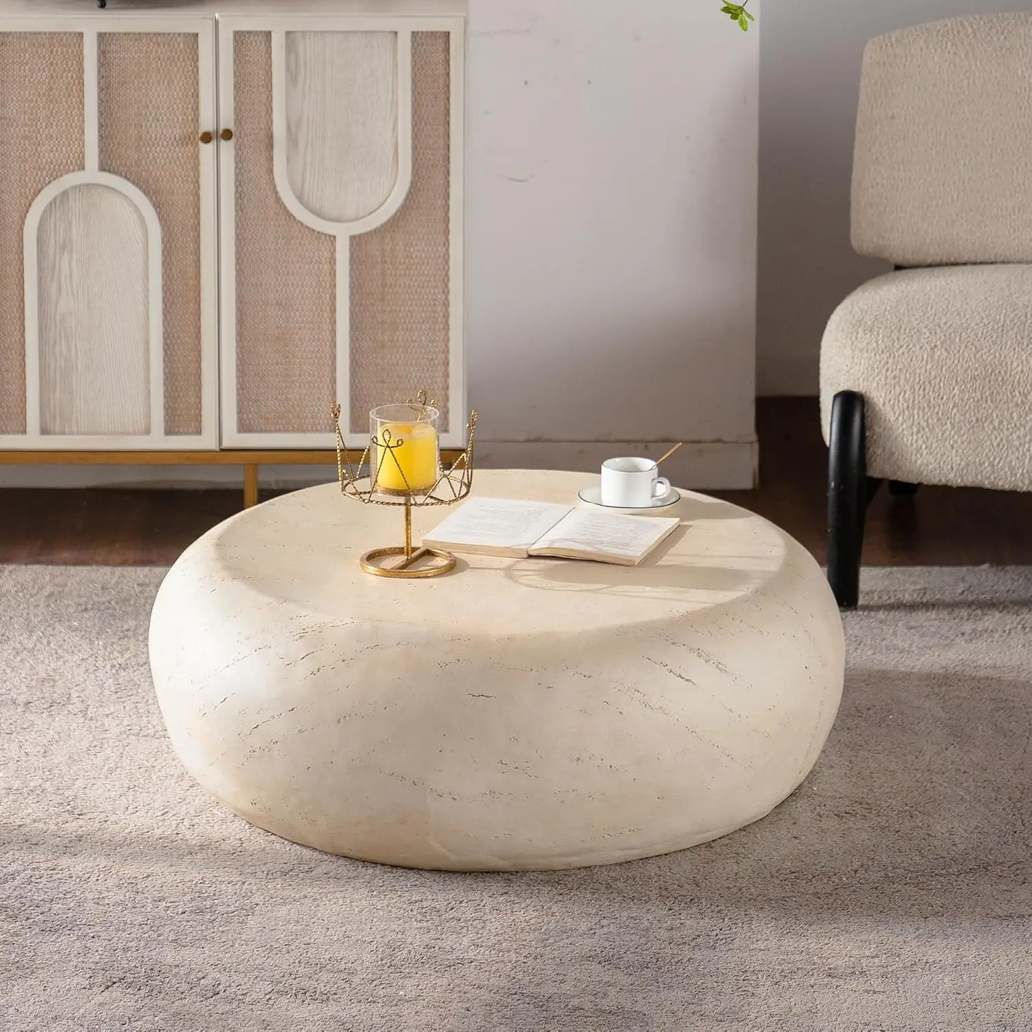 35.43" Round Coffee Table Magnesium Oxide Center Table For Living Room, Mid-Century Modern Faux Stone Tea Table For, Customized