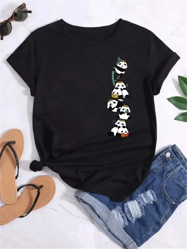 

Женская футболка с милой пандой и повседневным принтом, топ с короткими рукавами и круглым вырезом, подходит для летней и весенней женской одежды
