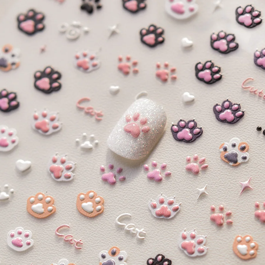 1pc 5D Kawaii Jelly Pink Cat Paw Print Nail Stickers Embossed Selfadhesive Black Cat Paw Nail Decals Sweet Girl Soft Relief Nail