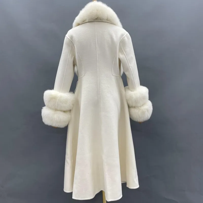 ZDFURS-Manteau en Cachemire Réversible Mi-Long pour Femme, Grande Jupe en Laine, Col en Fourrure de Renard, Hiver