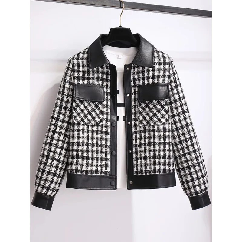 Thousand Birds Plaid Woolen Coat Women's 2025Spring Autumn New Short Jacket Female Small Fragrant Outwear Western Style Overcoat