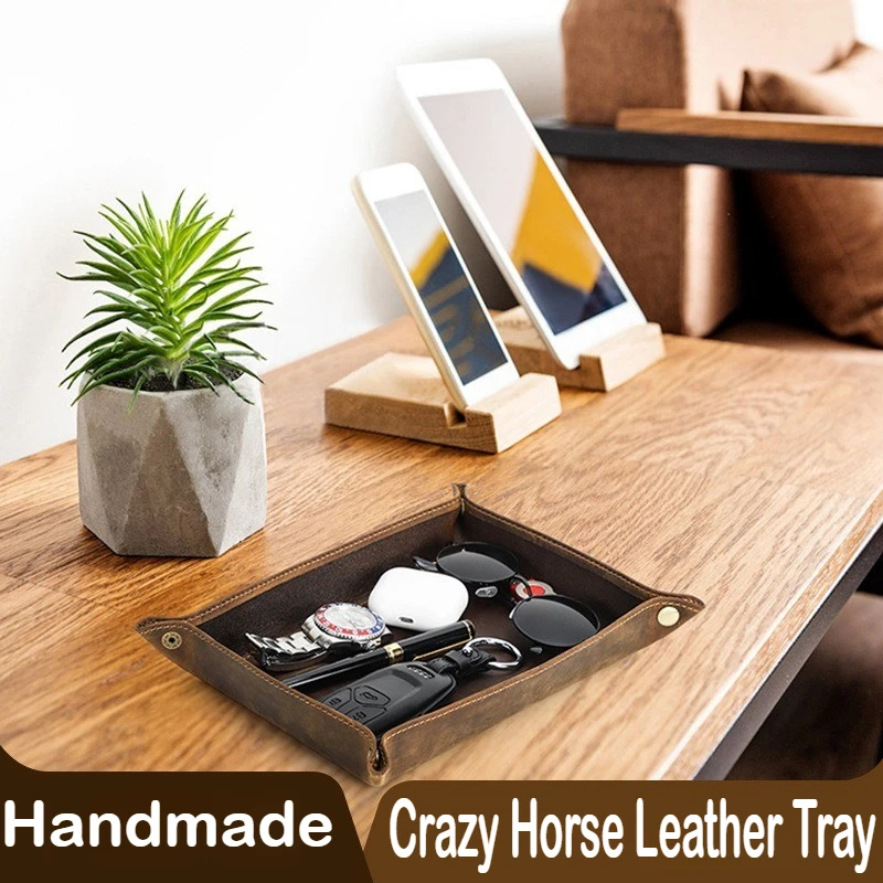 

Креативный кожаный прямоугольный поднос ручной работы Crazy Horse, офисная настольная подставка, держатель для предметов, держатель для канцелярских принадлежностей, школьные принадлежности