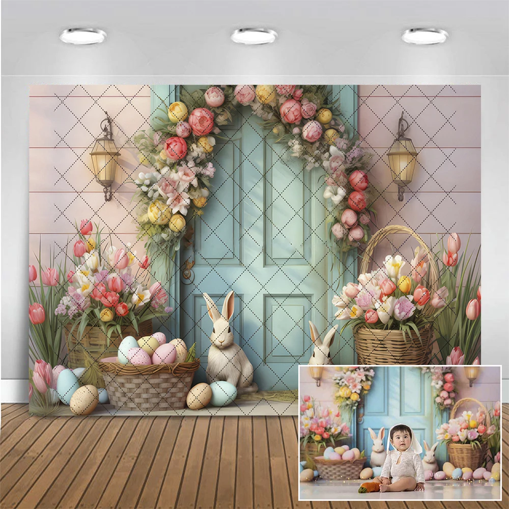 

Pastel Easter Door Photography Backdrop Egg Tulips Wreath Flowers Decor Background Kids Birthday Cake Smash Photo Studio Props