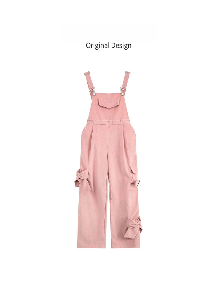

Loose Women's Dungarees with Knot Design Street Sle High Waist Long Pants Cotton Material Casual Overall Pants