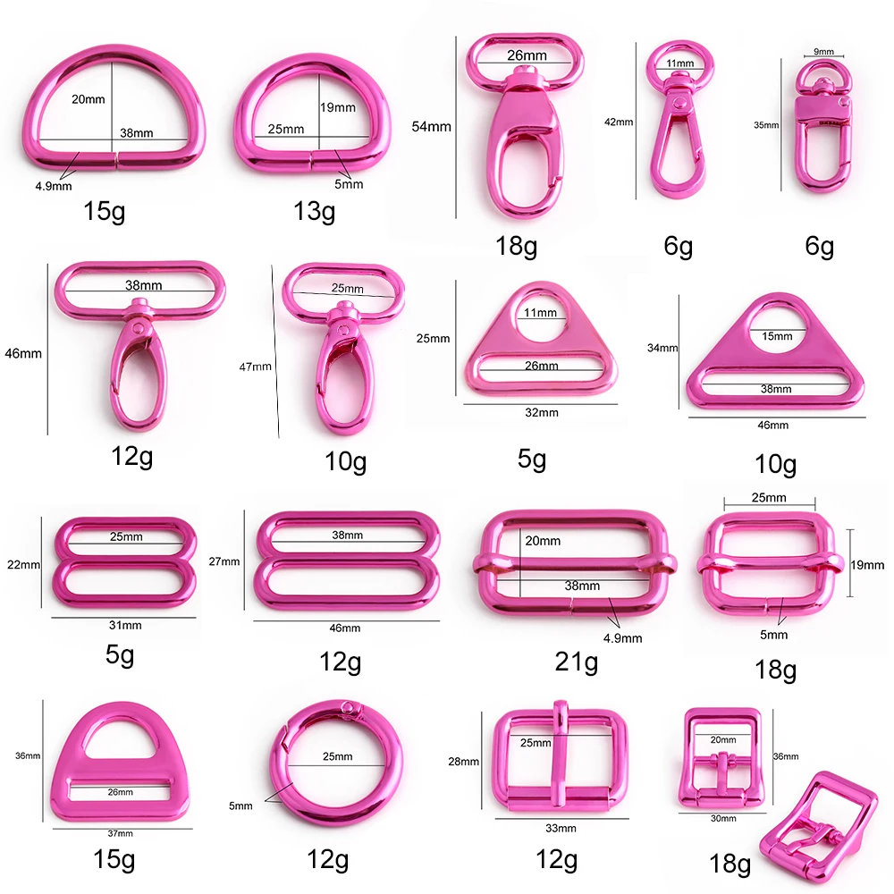 5/10/20pcs Fuchsia Pink Bag Hardware Kit D Rings Swivel Clasps Tri Glide Adjuster Zinc Alloy Strap Replacement Set DIY