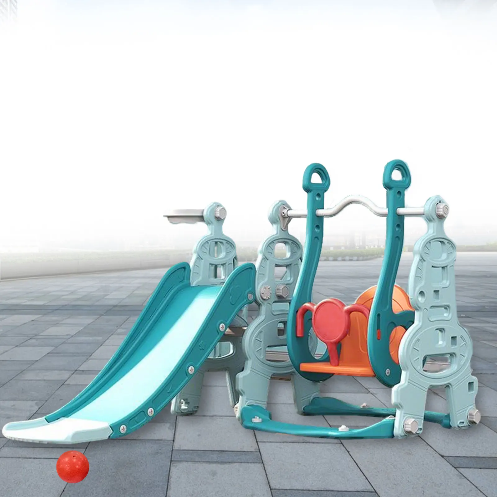 شريحة متينة ومضحكة ومنزه ترفيه خاص للأطفال يتضمن سلم التسلق والشريحة والسوينج وطوق كرة السلة