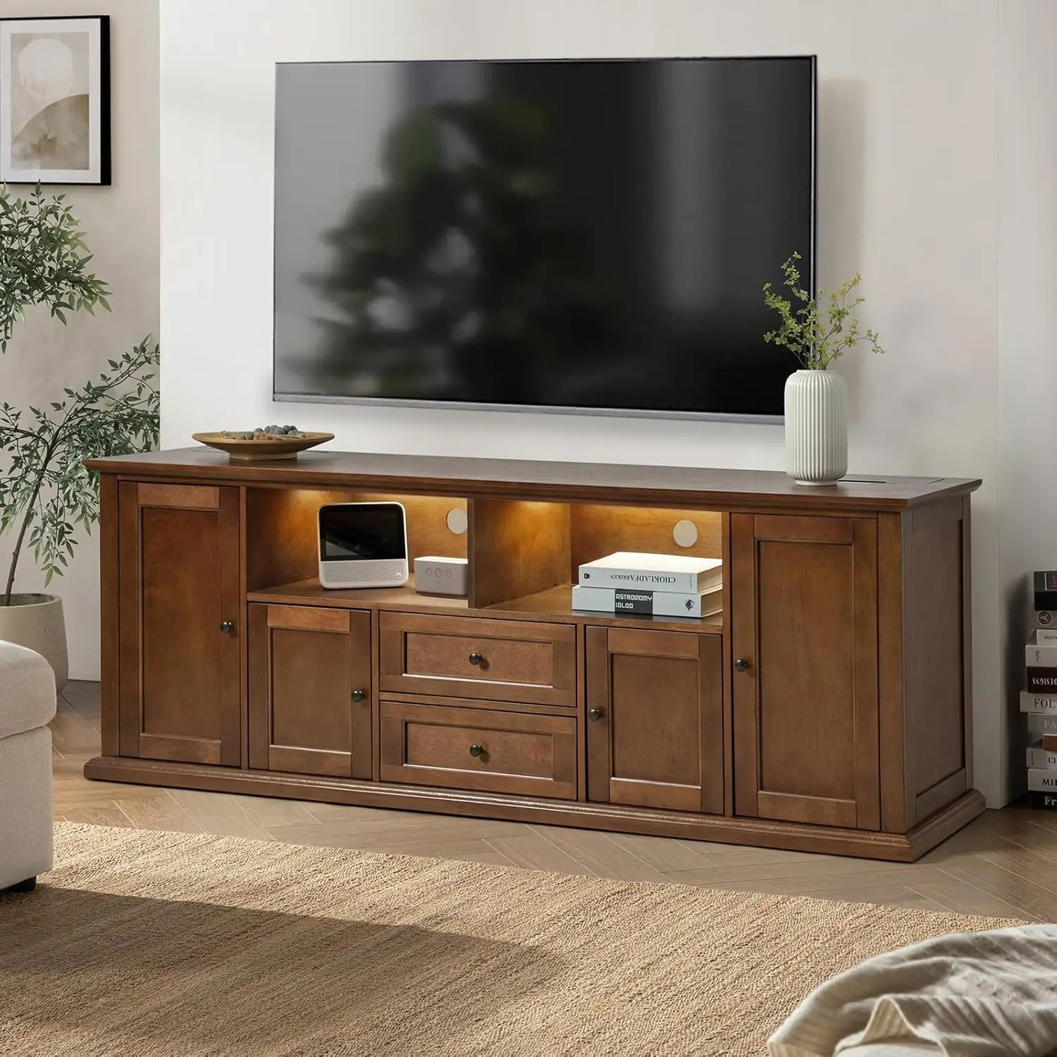 SOLID WOOD 72 Inch Wide Transitional TV Media Stand in Rustic Natural Aged Brown for TVs Up To 80 Inches, for The Living Room