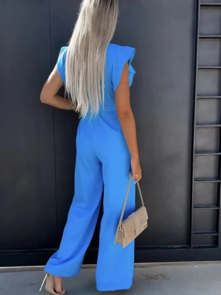 Elegant Women\'s Fashion White Butterfly Sleeve Jumpsuit Solid Casual O-neck Belts Wide Leg Playsuit Summer Office Lady Jumpsuits