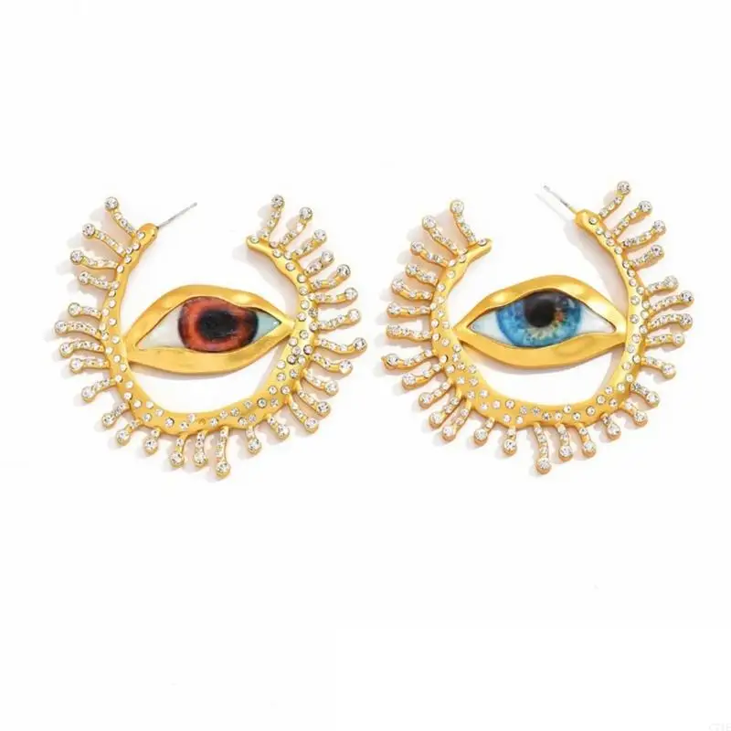 C71E Elegant Alien Pupil Ear Pendant Irregular Circular Eardrop Blue Eye Metal Ear Rings Retro Circular Earring Accessory